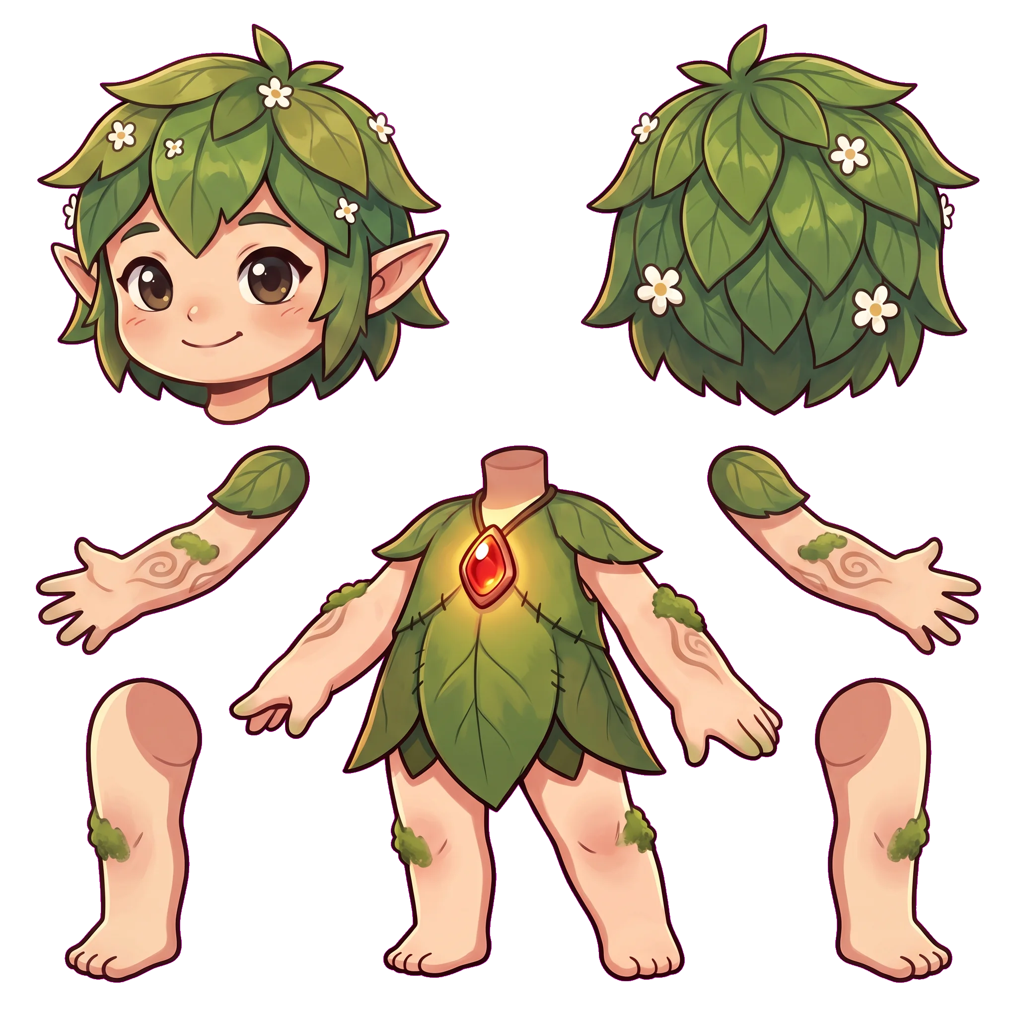 The second-pass deconstruction sheet on transparency: soft child limbs with moss at elbows and knees, one faint woodgrain marking per limb.