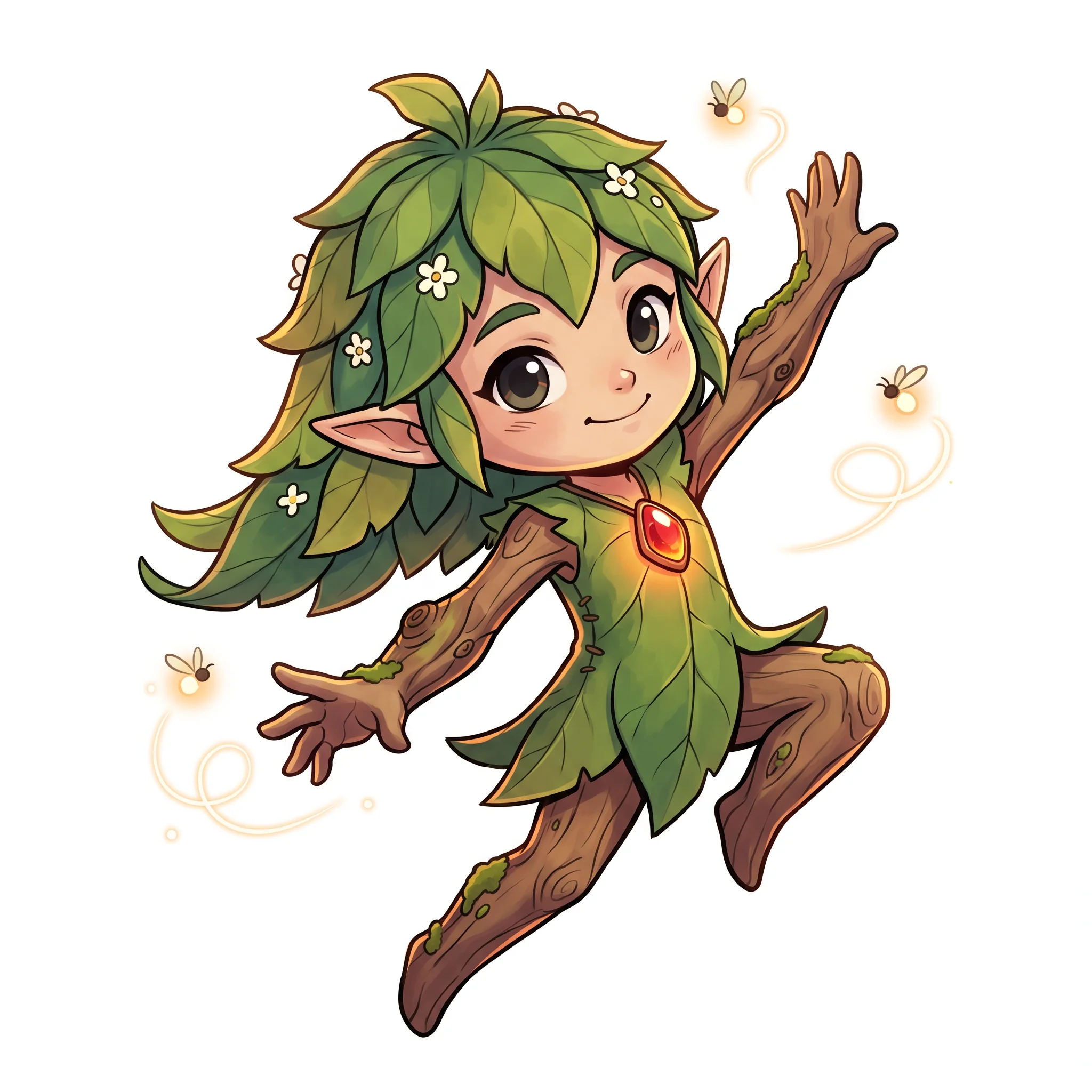 Ink-lined cel-shaded forest spirit mid-leap with fireflies.