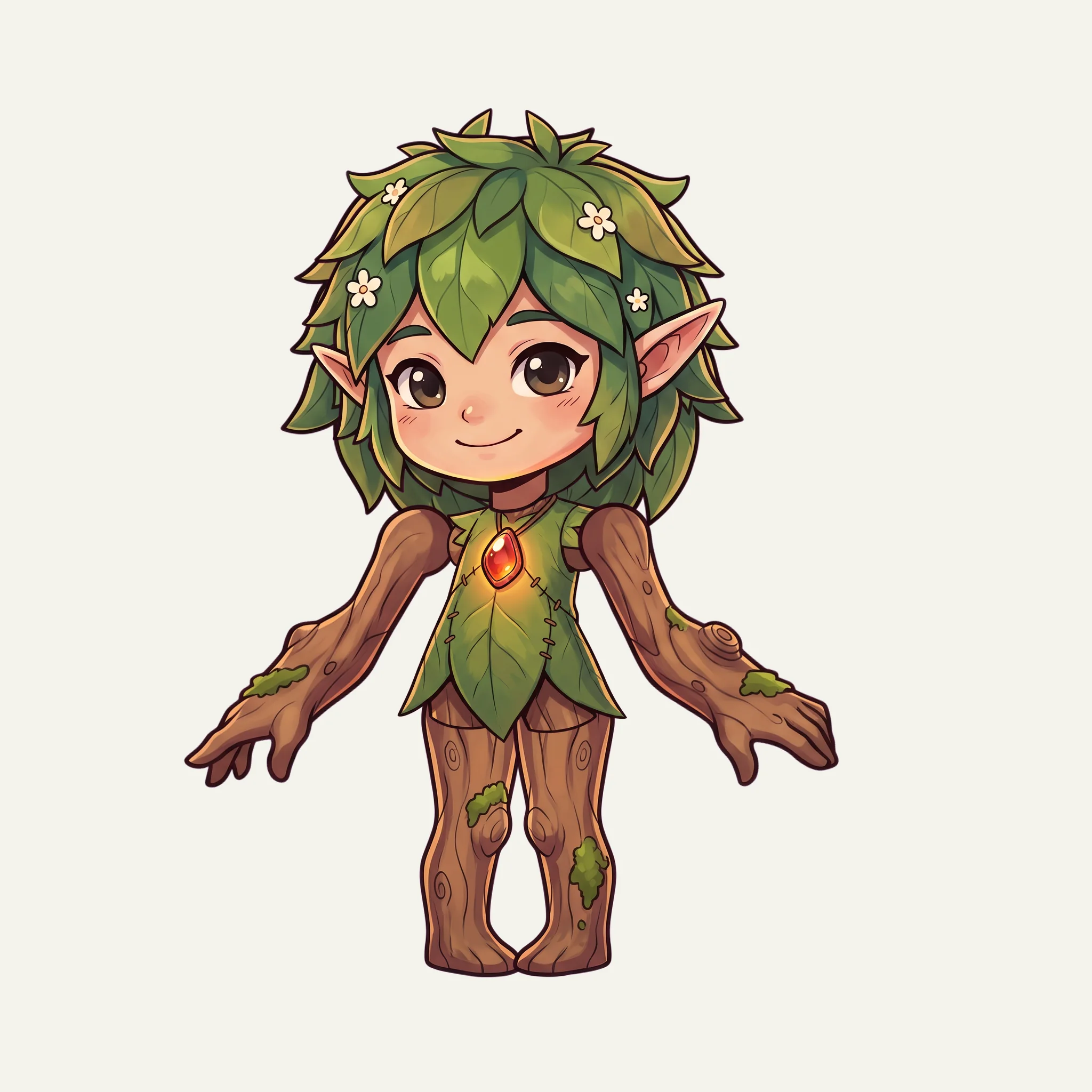 The assembled first-pass character: bark-textured arms and legs, feet and knees pointing inward.
